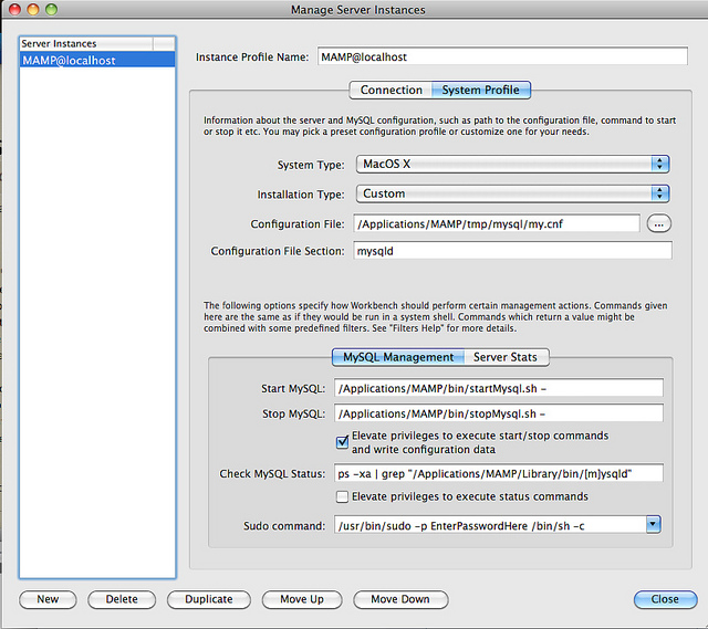 MySQL Workbench MAMP System Profile Settings Tab